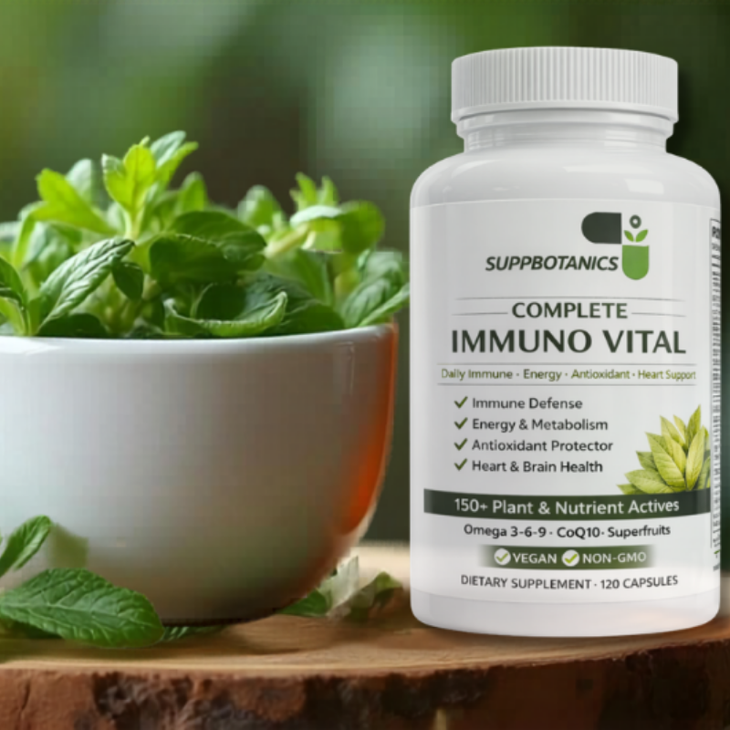 Suppbotanics Complete Immuno Vital supplement bottle with a bowl of greens on a wooden surface.
